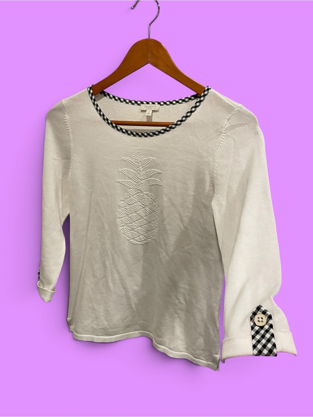 Talbots creamy vanilla pineapple gingham trim lightweight woven top sweater